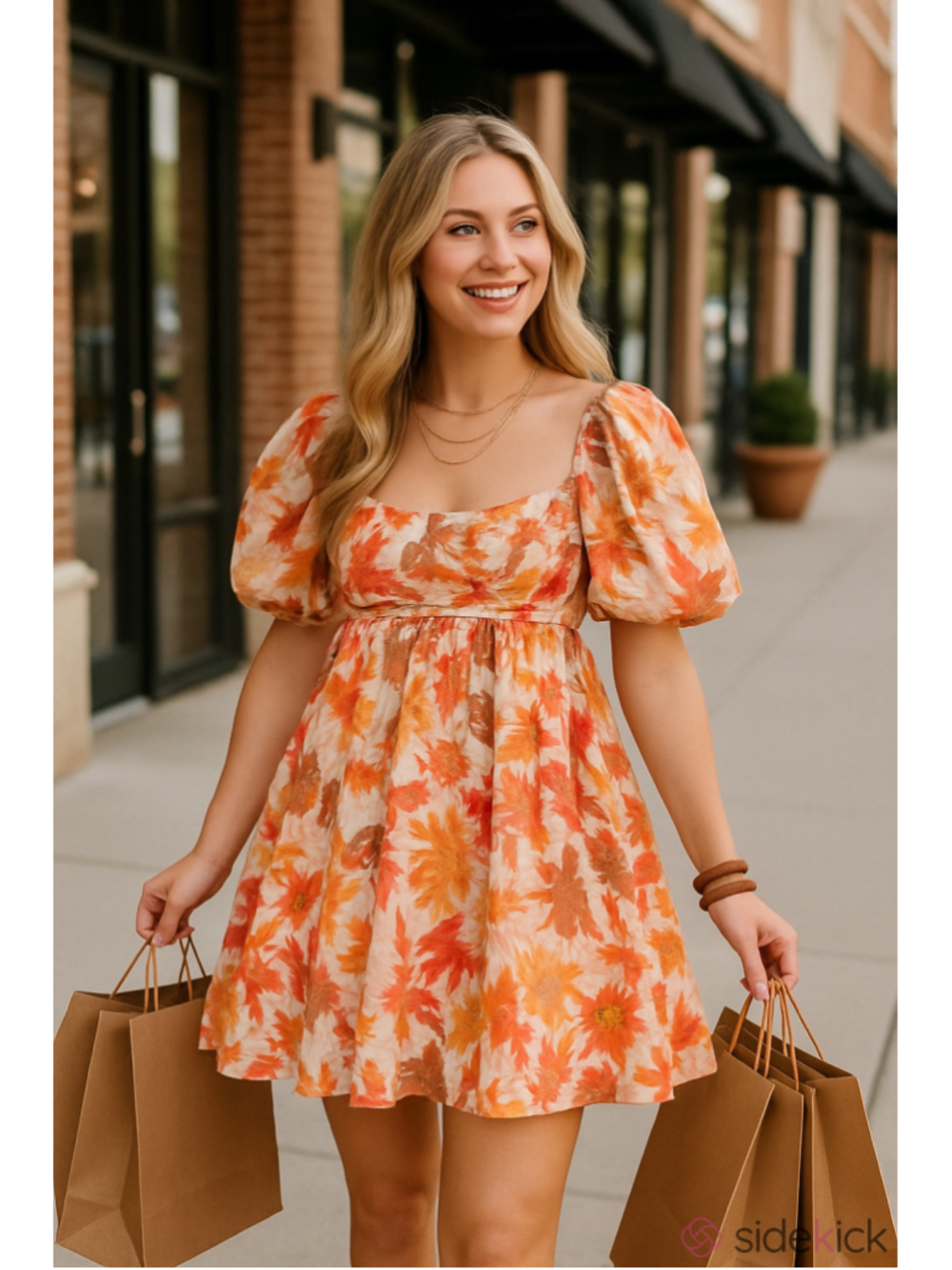 Women's Abercrombie & Fitch Mini Dress XS White Orange Floral Puff Sleeve Y2K